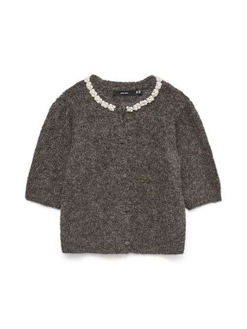 VM Ocean Strik Cardigan med 2/4 Ærme og Perler, Brun Melange